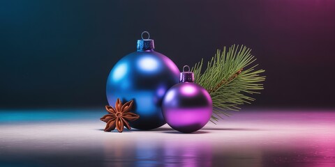 Christmas ornaments, star anise, and pine branches form a festive holiday arrangement on a table