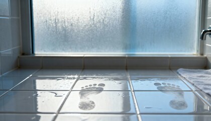Wet footprints on bathroom tiles in soft morning light, intimate mood, lifestyle photography