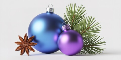 Glossy blue and purple ornaments rest near a star anise alongside a vibrant pine branch