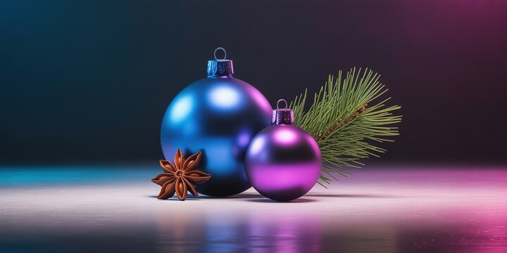 Christmas ornaments, star anise, and pine branches form a festive holiday arrangement on a table