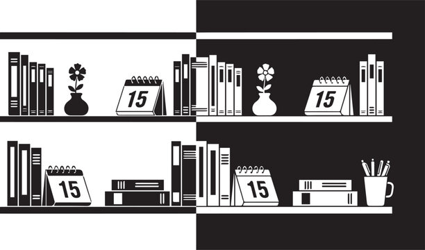 Bookshelf in light and dark mode illustration, organized books and desk items