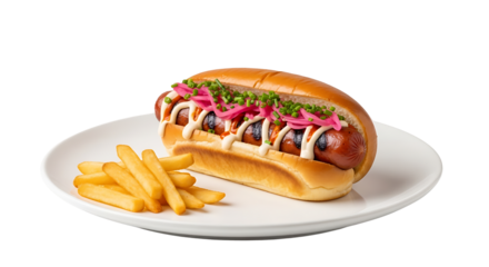 Colorful floral patterned hot dog isolated on a transparent PNG background, top view for menu, poster, and advertising design