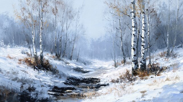 Winter landscape with birch trees and snowy river under soft daylight