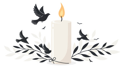 Peaceful dove silhouettes with glowing candle flame for sympathy cards and memorial services design template
