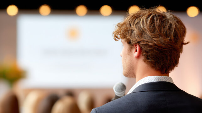 Young male speaker holds microphone while addressing an audience in a conference setting with blurred presentation screen in the background.