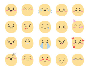 Set of hand drawn faces with various expressions. Mental health, emotion, feeling concept. Doodle style