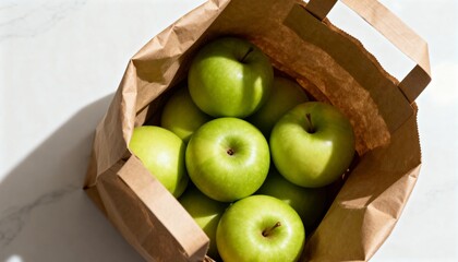 Open paper bag with apples inside under bright kitchen light, clean mood, photorealistic style