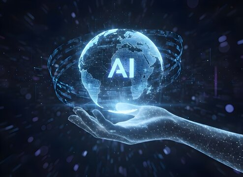 Artificial Intelligence Concept with Digital Globe and Circuit Network in Hand