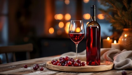 Red wine bottle with glasses and fresh grapes on a wooden tray