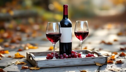 Red wine bottle with glasses and fresh grapes on a wooden tray