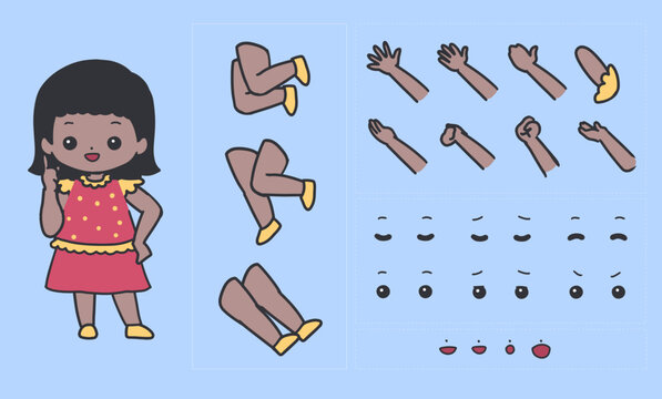 Cute Brown Girl Character Rig with Editable Parts. Ideal for animation, motion graphics, character creation, educational content, and customizable cartoon designs.