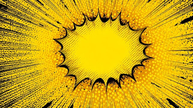 Yellow Comic Book Pop Art Explosion Background. Dynamic Radial Burst Frame with Halftone Dots
