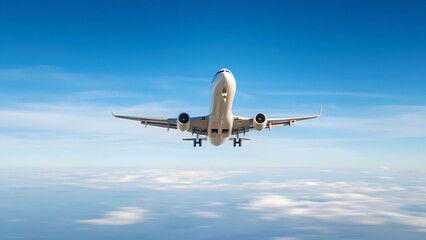 Obraz premium cockpit. An airplane ascending into a blue sky with motion blur and distant clouds. mobility guides, transit brochures, designed for mobility and urban transit guides, used by radiologists.