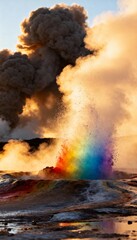 Naklejka premium Erupting geyser with rainbow refraction against a sunset backdrop, dramatic steam clouds