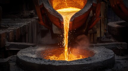 Molten metal pours from a furnace into a mold during metalworking in an industrial setting at dusk