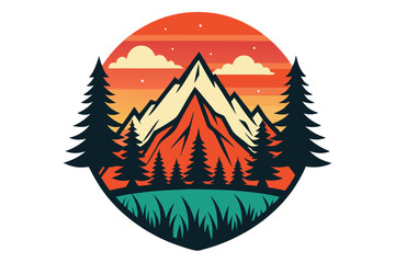 Silhouette pines frame vibrant mountains against a sunset, with green grass below forming the landscape