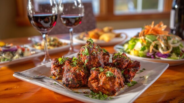 Delicious plate of golden brown fried chicken wings garnished with fresh herbs served with salad, red wine, and assorted appetizers on a wooden table - Powered by Adobe