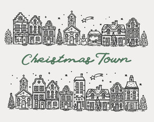 Christmas Town, handdrawn whimscial illustration, vector set of cute buildings
