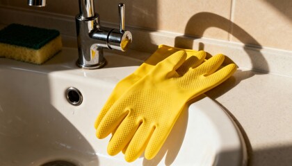 Gloves on edge of sink in soft morning light with cleaning tools realistic mood,photorealistic style