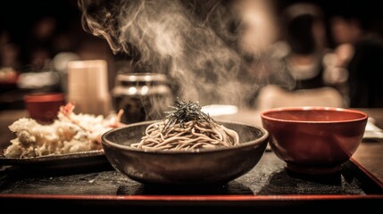 Delicious steaming bowl of soba noodles with seaweed, served with tempura on a traditional Japanese table, inviting dining experience with warm ambiance