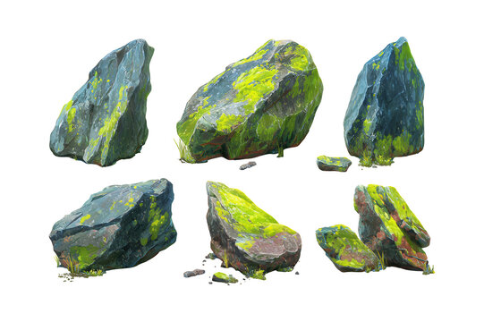 Collection of moss-covered rocks and stones on a white background.