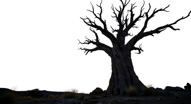 Striking silhouette of a solitary tall tree with sprawling, dramatic bare branches, perfectly isolated on a pure white transparent PNG background.