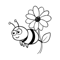 Cute cartoon vector illustration of a funny bee and flowers surrounded by other flying insect characters like a butterfly, ladybug, and grasshopper