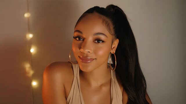 A light-skinned Black woman with long hair extensions, wearing a beige tank top, poses for a photoshoot for her Instagram profile picture. Her hair is styled in a ponytail