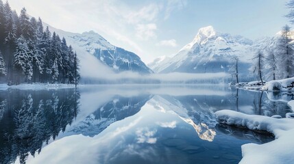 Majestic winter landscape featuring a serene lake and snow-covered mountains reflecting in calm waters under a clear sky