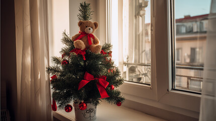 Charming Christmas scene featuring a teddy bear atop a decorated tree by the window, evoking feelings of warmth, joy, and holiday cheer for festive promotions