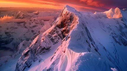 Snow-covered mountain peak glows under a vibrant sunset sky, showcasing breathtaking scenery in a remote alpine region