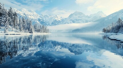 Winter landscape showcasing snow-covered mountains, a tranquil lake, and captivating reflections under a clear blue sky