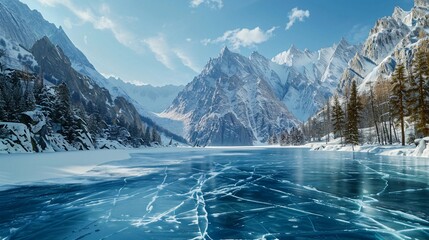 Stunning winter landscape with frozen lake and majestic mountains under a clear blue sky in a serene natural setting