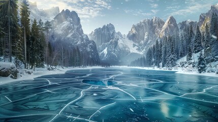Stunning winter landscape featuring a frozen lake surrounded by majestic mountains and evergreen trees under a clear blue sky