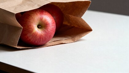 Open paper bag with apples inside on table in soft light, detailed still mood, photorealistic style