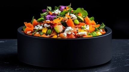 A vibrant, colorful salad filled with various vegetables and cheese, presented in a sleek black bowl against a dark, moody background.