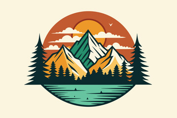 Sunset glow illuminates the majestic mountain peaks above the tranquil lake waters