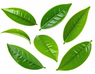 Several shiny, vibrant green tea leaves scattered on white