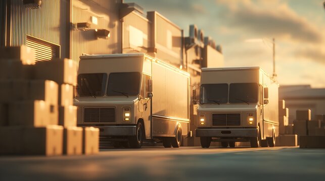 Delivery Trucks and Stacked Packages in Industrial Logistics Hub at Golden Hour, Symbolizing Efficient Shipping and Global Supply Chain
