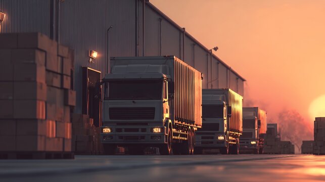 Fleet of semi-trailer trucks at industrial warehouse loading dock during dramatic sunset. Global logistics and freight transport.