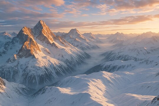 Snow-covered mountains glow at sunset in picturesque winter landscape with peaks and valleys under a colorful sky