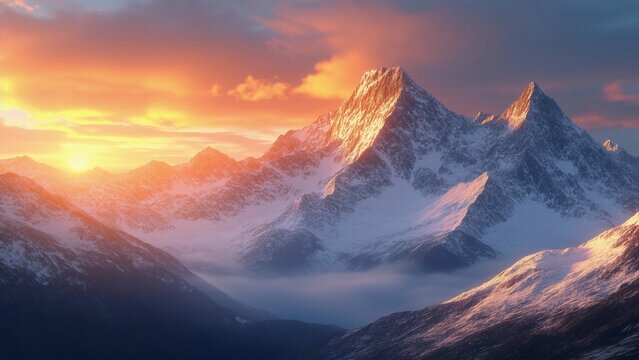 Majestic mountain landscape at sunset with vibrant colors reflecting on snow-capped peaks and serene valleys below - Powered by Adobe