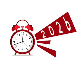 Happy new year banner template with countdown concept red alarm clock ringing with loud number announcement vector illustration for celebration, deadline, time management,  load 2026