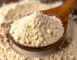 Beige powder heap on a wooden spoon, close up