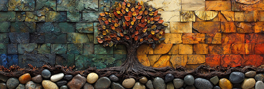 Nature-inspired textures in an artistic collage of a tree Generative AI