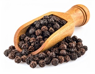 Scooped black peppercorns, isolated on white