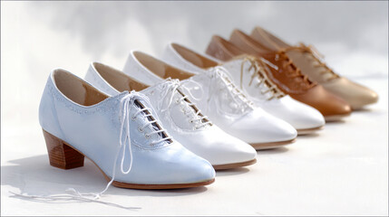 Collection of leather tap dance shoes in various colors lined up on a smooth white surface