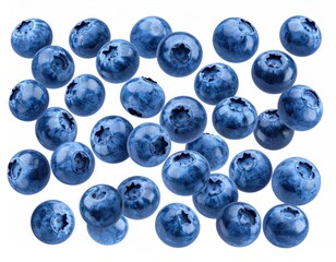 Scattered blueberries show waxy bloom and berry crowns