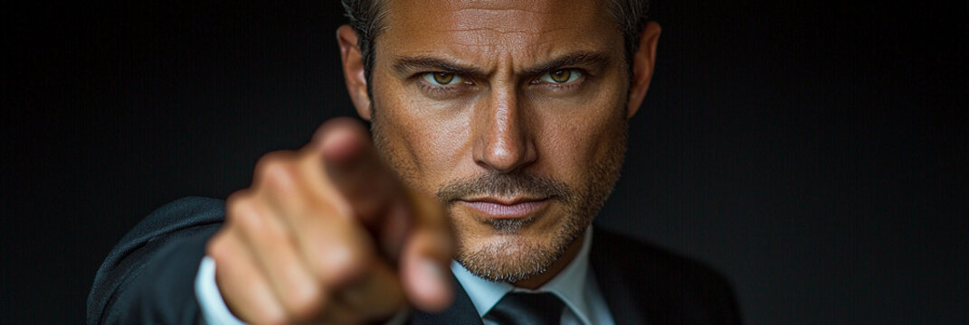 Professional man confidently pointing in a dark setting Generative AI