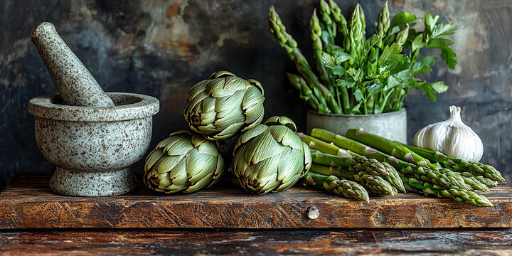 Rustic kitchen still life with fresh vegetables and herbs Generative AI